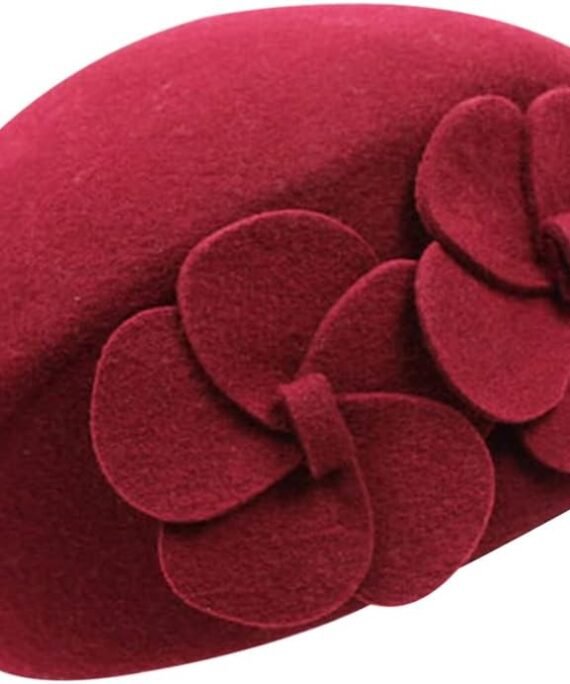 Wool Beret Hat Winter Warm Beret Hat Floral  Style Beanie Hats with for Women Girls (Red)