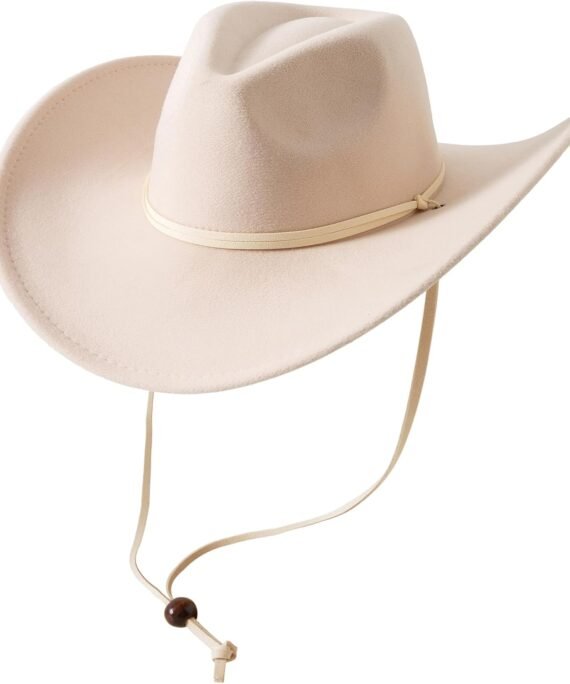 Women Men Retro Felt Wide Brim Western Cowboy Cowgirl Hat Dress Up Hat with Wind Lanyard