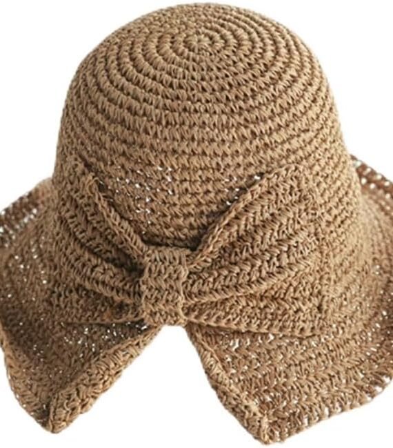 Foldable Wide Brim Floppy Straw Beach Sun Hat,Summer Bucket Cap with Bowknot for Women Girls
