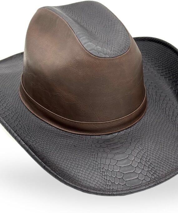 Western Cowboy Hat for Men and Women – Classic Western Style with Textured Snake Pattern Brim, Durable Leather Finish Look