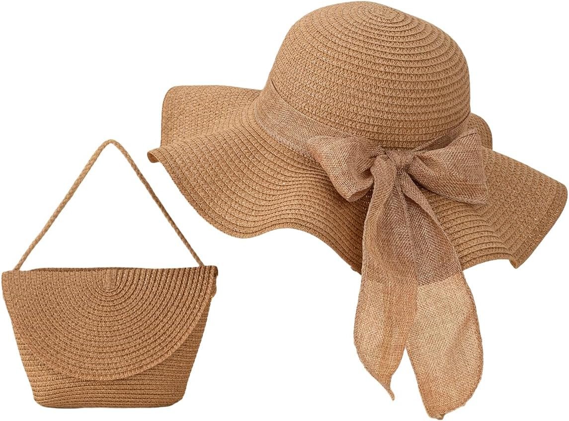 Women's Bow Wide Brim Straw Sun Hat and Crossbody Straw Bag Set