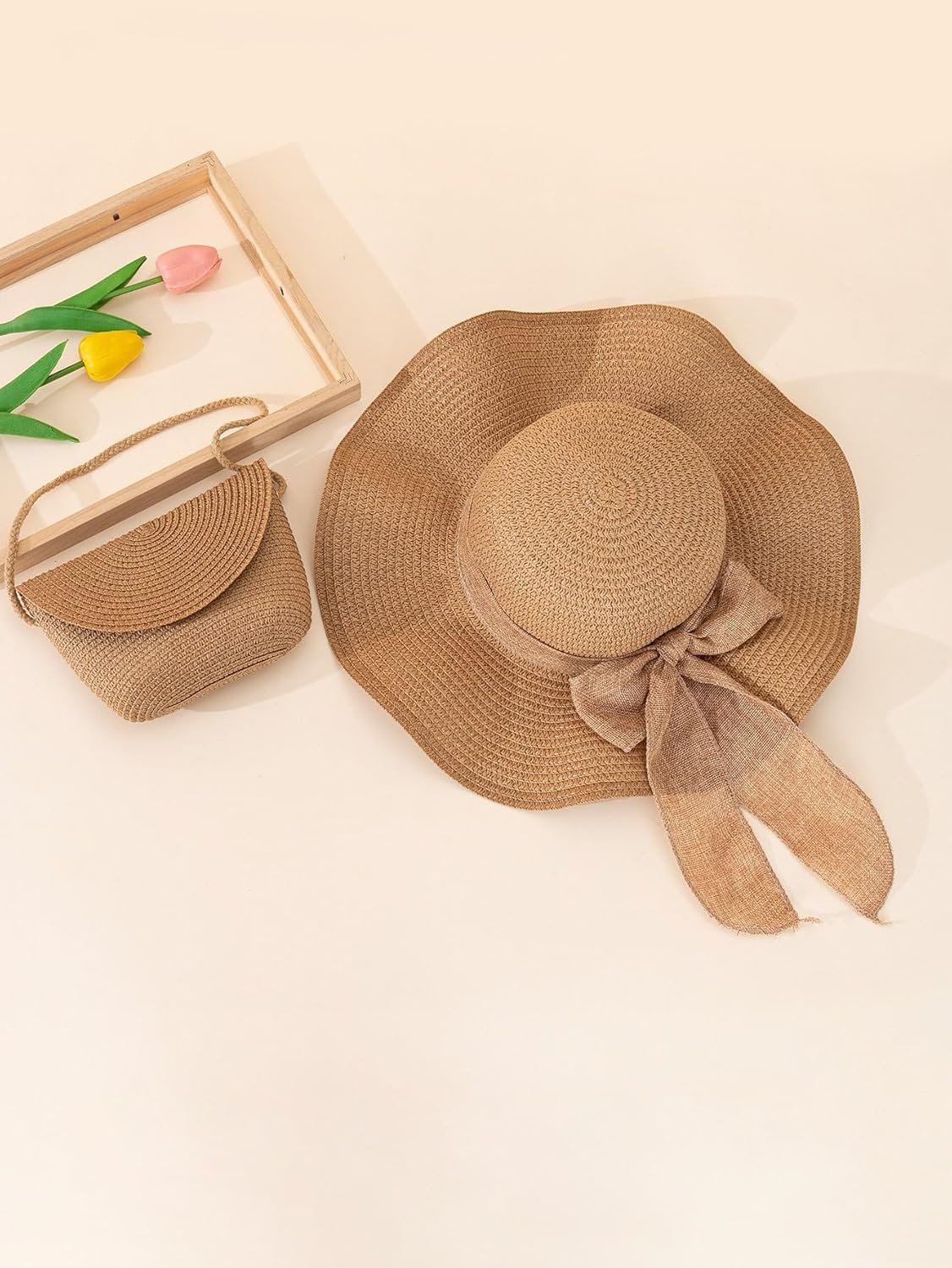 Women's Bow Wide Brim Straw Sun Hat and Crossbody Straw Bag Set - Image 2