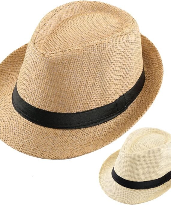 2 Pack Straw Fedora Hats for Men and Women, Short Brim Summer Beach hat, Trilby Panama Sun Hats.