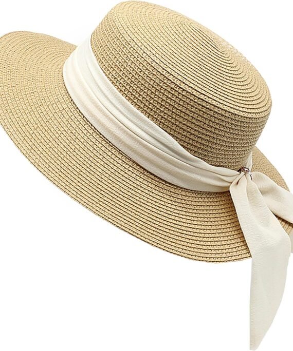 Holiday Straw Beach Hat for Womens Wide Brim Bow Ribbon Boater Hat Flat Top Classic Sun Hats for Summer Small/Medium