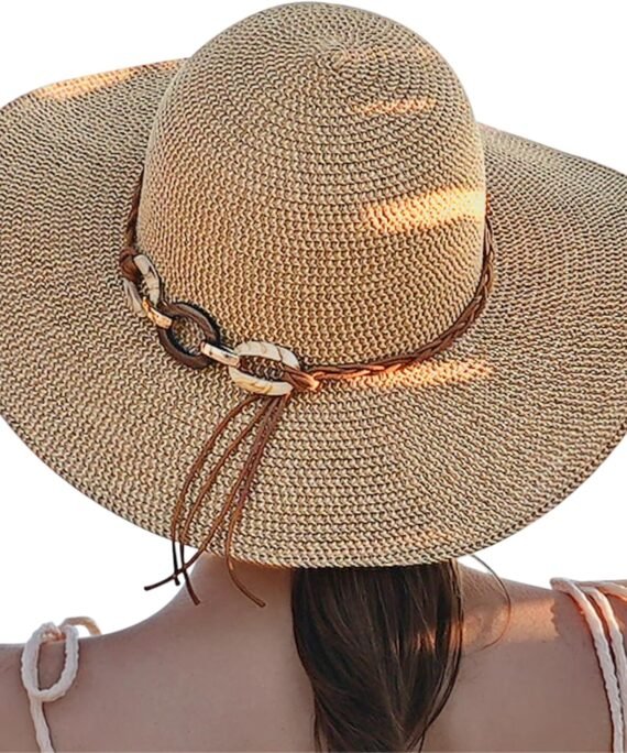 Beach Sun Hats for Women - Wide Brim Straw Womens Summer Hat with Wind Lanyard Roll Up, Foldable Beach Hat UV Protection